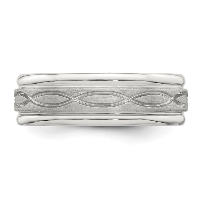 Exclusive 7mm Sterling Silver Beveled Edge Fancy Band Ring - Stylish Size 7-3