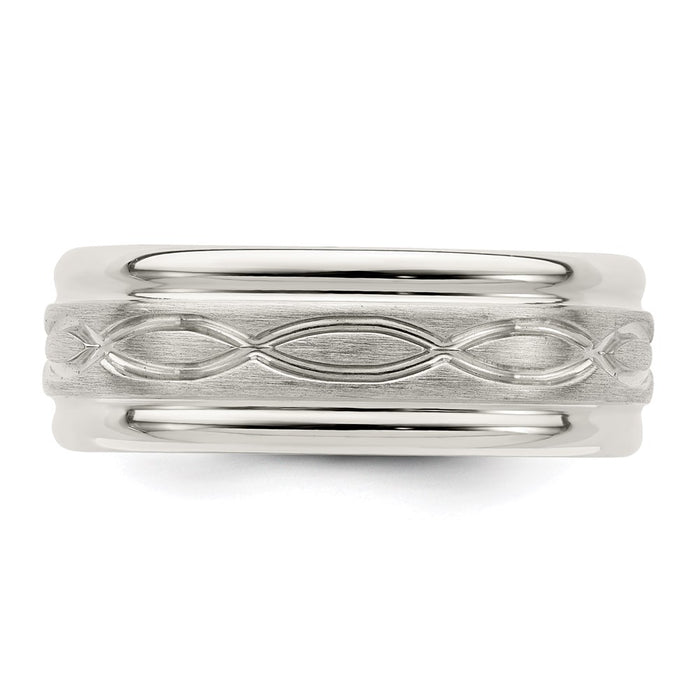 Exclusive 7mm Sterling Silver Beveled Edge Fancy Band Ring - Stylish Size 7-4