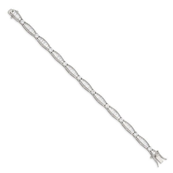 Rhodium-Plated Sterling Silver Bracelet: CZ Baguette & Round