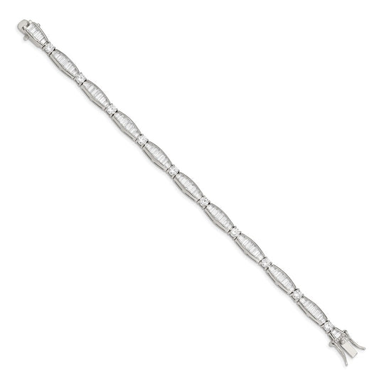 Exclusive Rhodium-Plated Sterling Silver Bracelet: Stylish CZ Baguette & Round Design