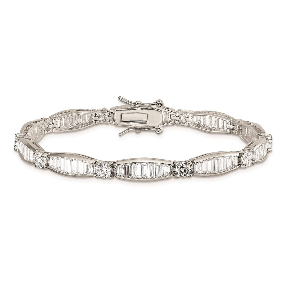 Exclusive Rhodium-Plated Sterling Silver Bracelet: Stylish CZ Baguette & Round Design