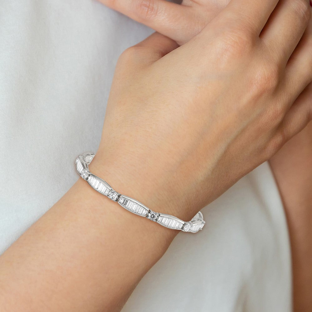 Exclusive Rhodium-Plated Sterling Silver Bracelet: Stylish CZ Baguette & Round Design