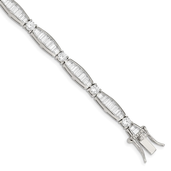 Rhodium-Plated Sterling Silver Bracelet: CZ Baguette & Round