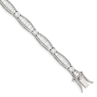 Exclusive Rhodium-Plated Sterling Silver Bracelet: Stylish CZ Baguette & Round Design
