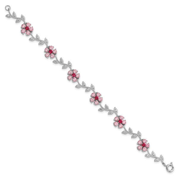 Rhodium-Plated Sterling Silver Bracelet 7.75" with CZ Flowers