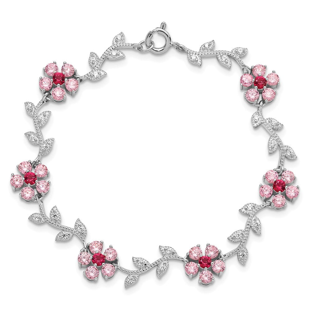 Shop Exclusive Rhodium-Plated Sterling Silver Bracelet 7.75" with CZ Flowers