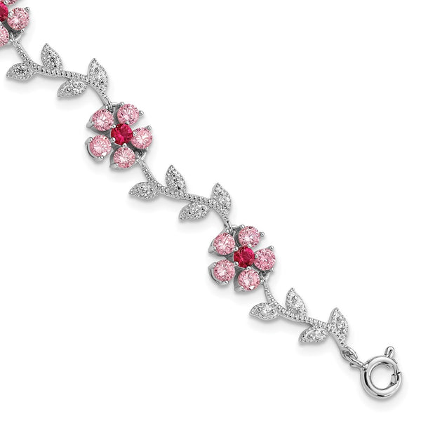Rhodium-Plated Sterling Silver Bracelet 7.75" with CZ Flowers