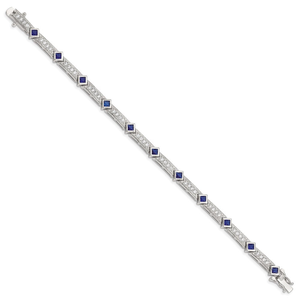Buy Stylish Rhodium-Plated Sterling Silver Bracelet - 7.25" Blue Glass & CZ