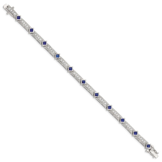 Buy Stylish Rhodium-Plated Sterling Silver Bracelet - 7.25" Blue Glass & CZ