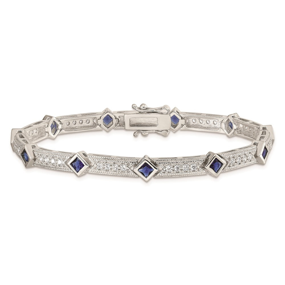 Buy Stylish Rhodium-Plated Sterling Silver Bracelet - 7.25" Blue Glass & CZ