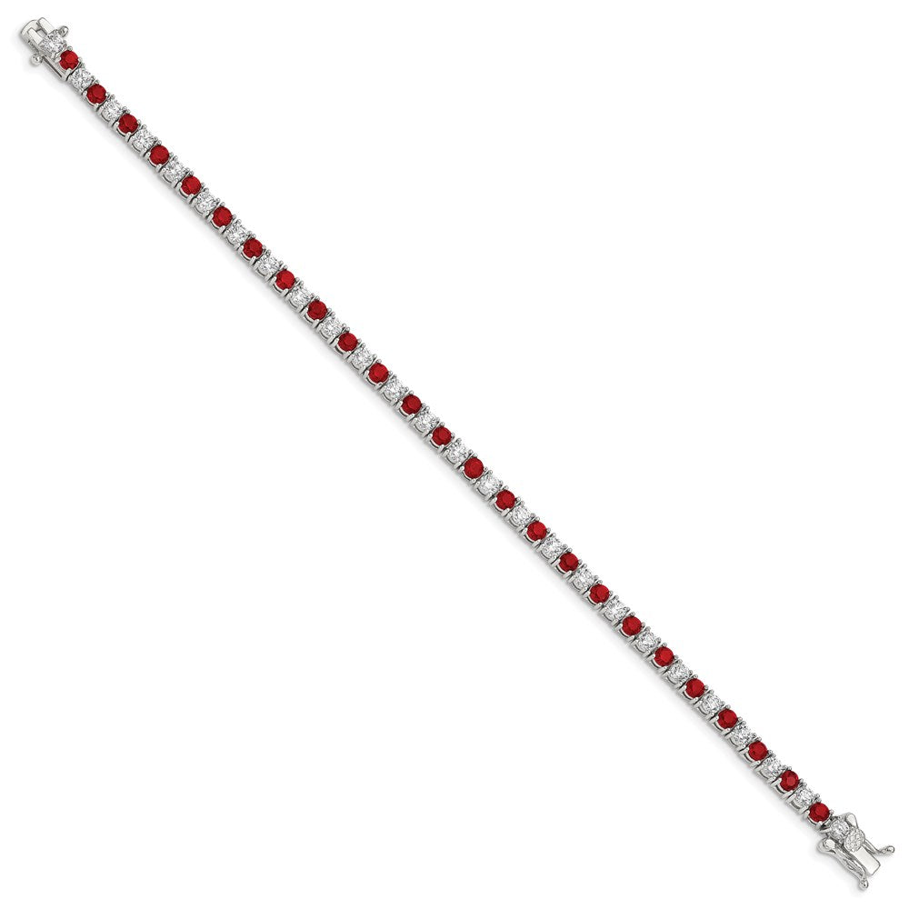 Exclusive Rhodium-Plated Sterling Silver Bracelet - 7 Inches, Stylish Red Glass & CZ Accents