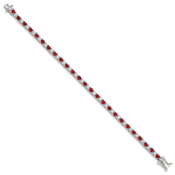 Rhodium-Plated Sterling Silver Bracelet - 7 Inches, Red Glass CZ Accents