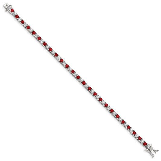 Exclusive Rhodium-Plated Sterling Silver Bracelet - 7 Inches, Stylish Red Glass & CZ Accents
