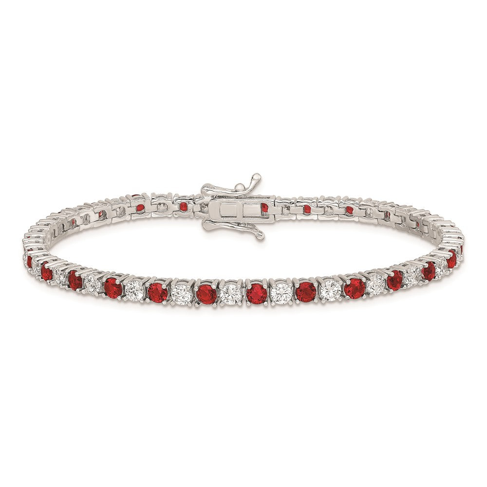 Exclusive Rhodium-Plated Sterling Silver Bracelet - 7 Inches, Stylish Red Glass & CZ Accents
