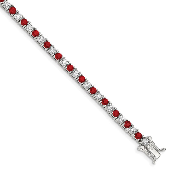 Rhodium-Plated Sterling Silver Bracelet - 7 Inches, Red Glass CZ Accents
