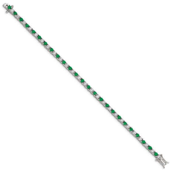 Rhodium-Plated Sterling Silver Bracelet - 7" Green Glass CZ Accents