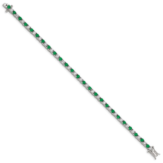 High-Quality Rhodium-Plated Sterling Silver Bracelet - 7" with Green Glass & CZ Accents, Stylish Value