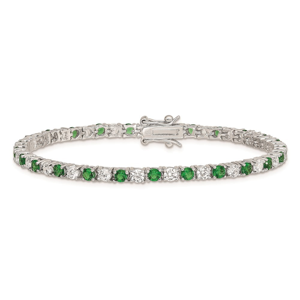High-Quality Rhodium-Plated Sterling Silver Bracelet - 7" with Green Glass & CZ Accents, Stylish Value