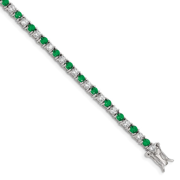 Rhodium-Plated Sterling Silver Bracelet - 7" Green Glass CZ Accents