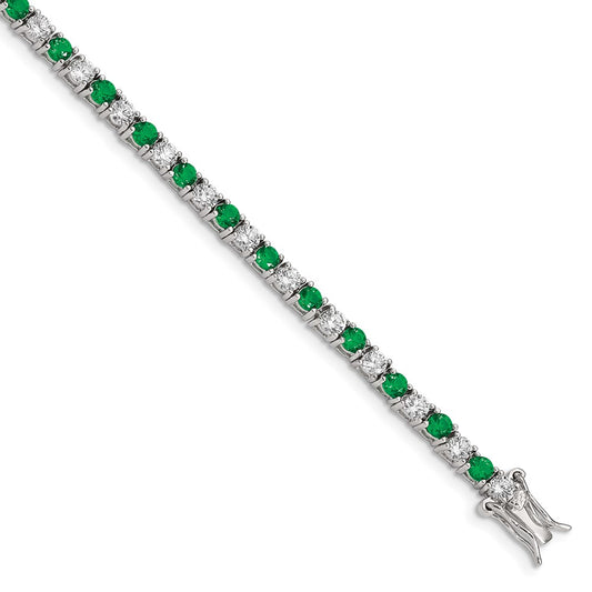 High-Quality Rhodium-Plated Sterling Silver Bracelet - 7" with Green Glass & CZ Accents, Stylish Value