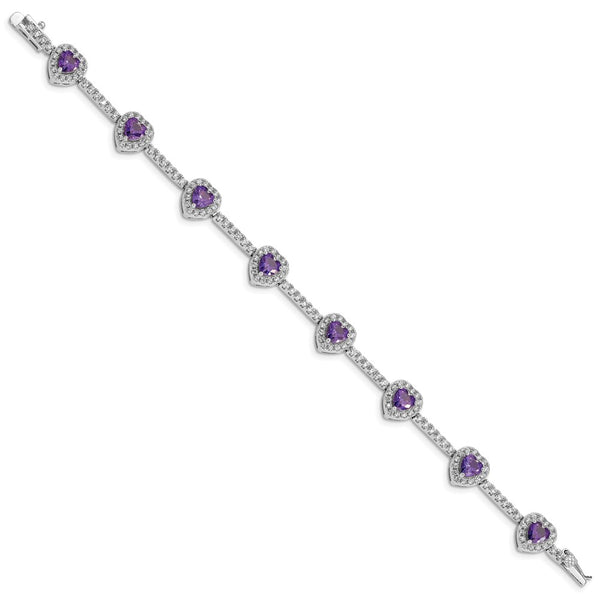 Rhodium-Plated Heart Bracelet: Amethyst & CZ Accents