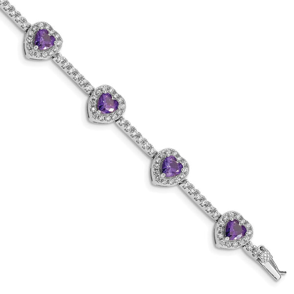 Rhodium-Plated Heart Bracelet: Amethyst & CZ Accents