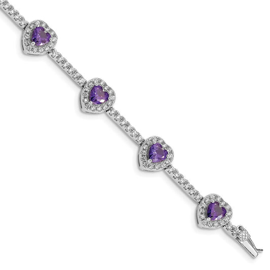 Exclusive Rhodium-Plated Heart Bracelet: Amethyst & CZ Accents - Stylish Value
