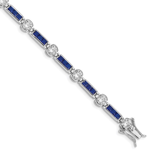 Exclusive Rhodium-Plated Sterling Silver Bracelet 7.25'' - Stylish Blue Glass & CZ