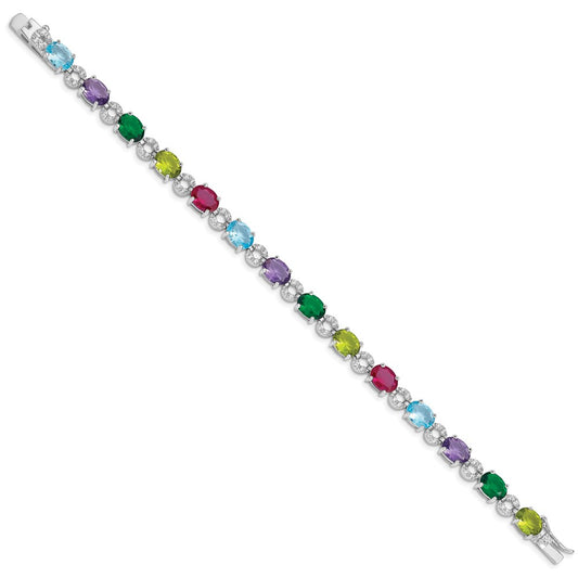 Shop Stylish Rhodium-Plated Sterling Silver 7-Inch Multicolor CZ Bracelet