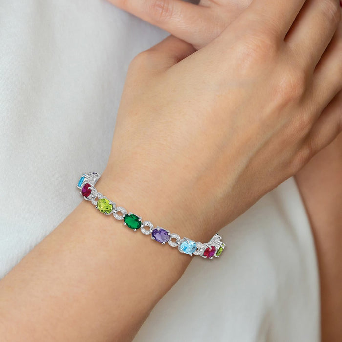 Shop Stylish Rhodium-Plated Sterling Silver 7-Inch Multicolor CZ Bracelet-5