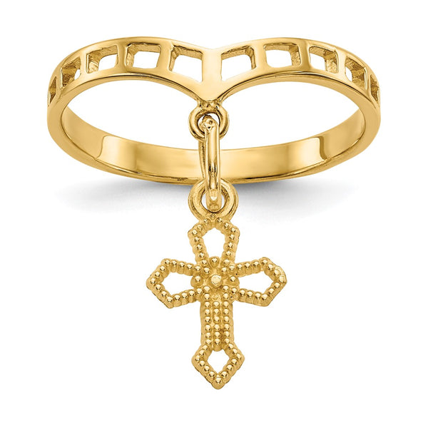 14K Gold Polished Cross Dangle Charm Ring - 0.85mm