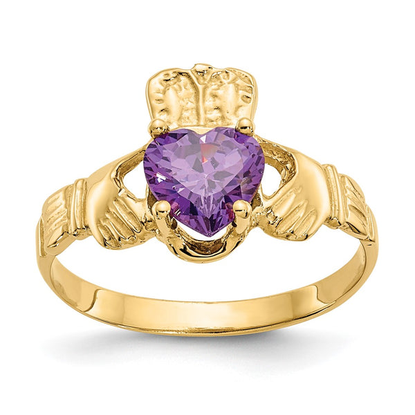 14K Gold February Birthstone Claddagh Ring - CZ