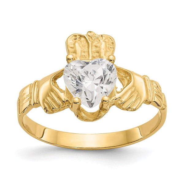 14K Gold Claddagh Ring with CZ - April Birthstone