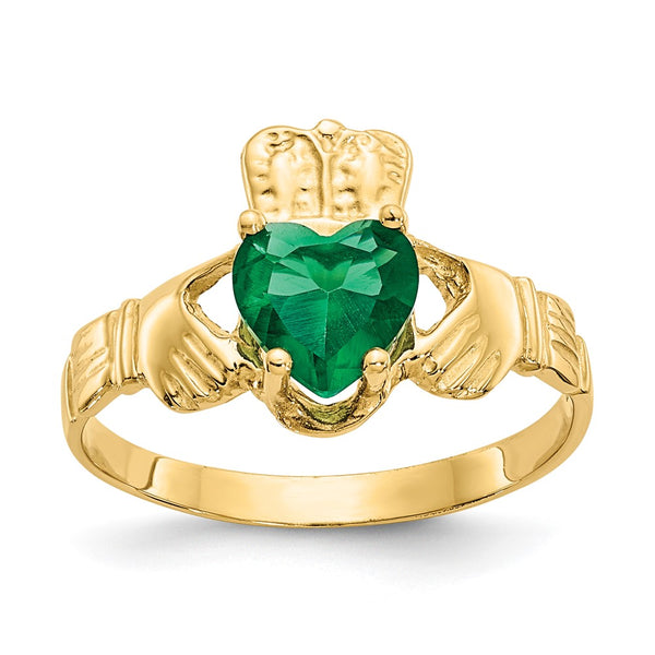 14K Gold May Birthstone Claddagh Ring with CZ