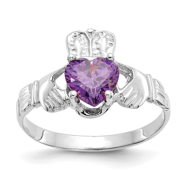 14K White Gold Claddagh Ring with 3mm February CZ