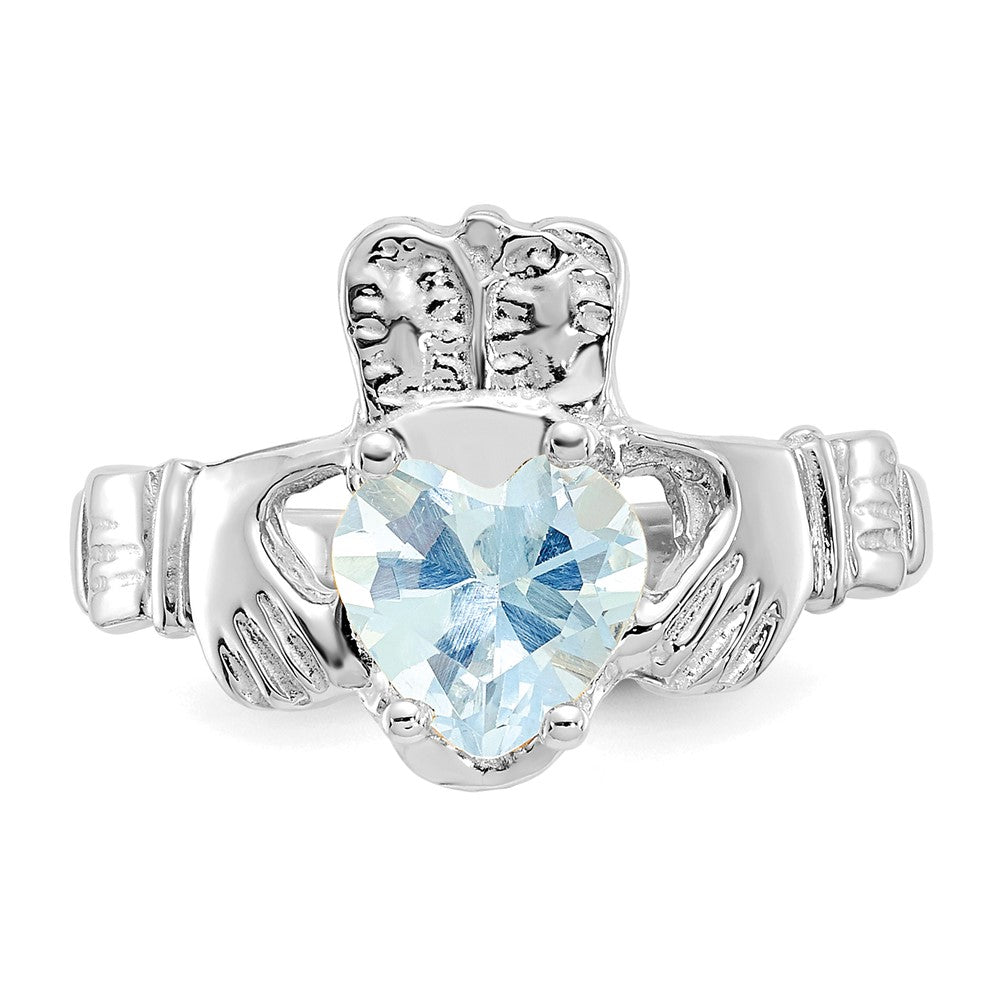 High-Quality 14K White Gold Claddagh Ring, March CZ Birthstone - Stylish Value!