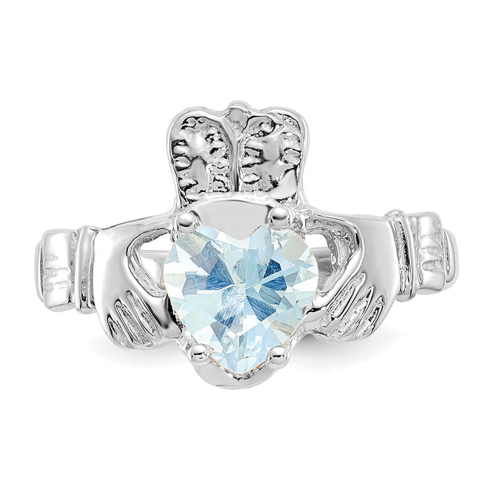 High-Quality 14K White Gold Claddagh Ring, March CZ Birthstone - Stylish Value!-4