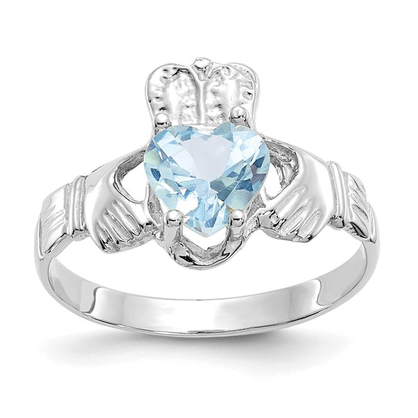 14K White Gold Claddagh Ring, March CZ Birthstone