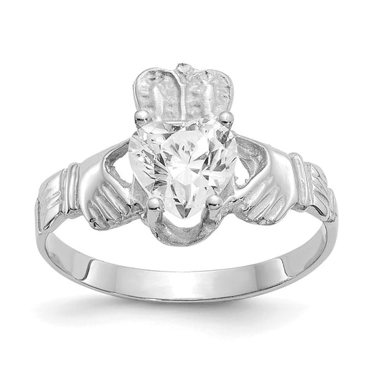 High-Quality 14K White Gold Claddagh Ring with April CZ - Stylish Value!