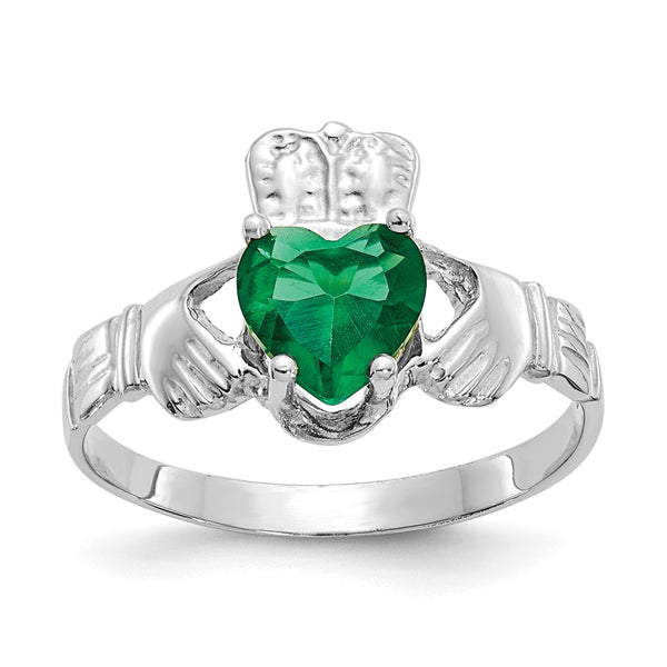 14K White Gold Claddagh Ring with May CZ Birthstone