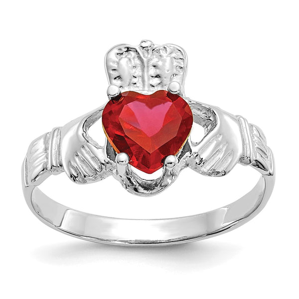 14K White Gold Claddagh Ring with July CZ Birthstone