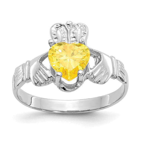 14K White Gold Claddagh Ring, 6mm November CZ