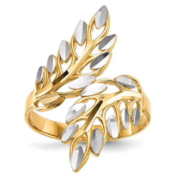 14K White Gold Diamond-Cut Leaf Design Ring