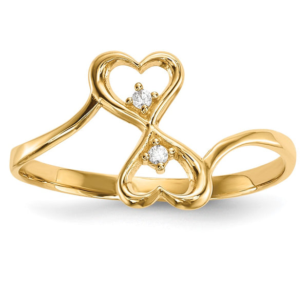 14K Gold Double Heart Ring with CZ Stones
