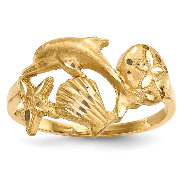 14K Gold Dolphin Starfish Sand Dollar Ring