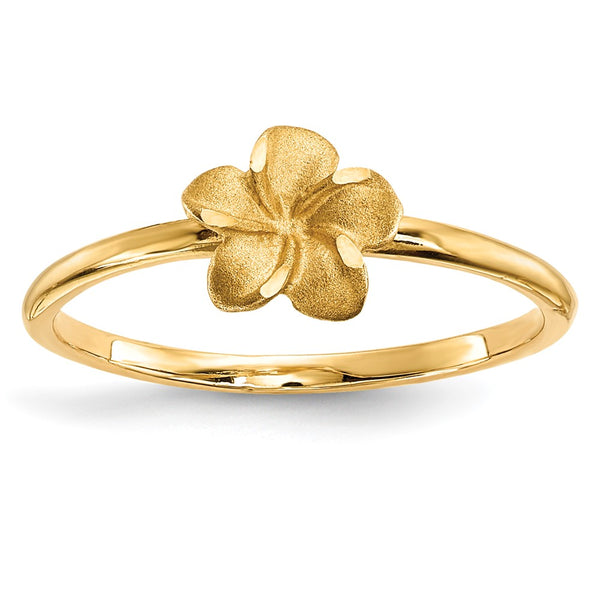 14K Satin Finish Plumeria Ring with Diamond-Cut Details