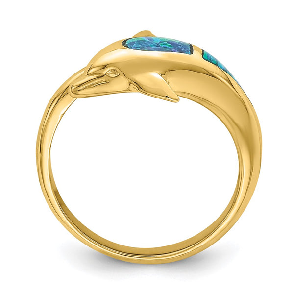 14K Gold Dolphin Ring with Lab-Created Opal