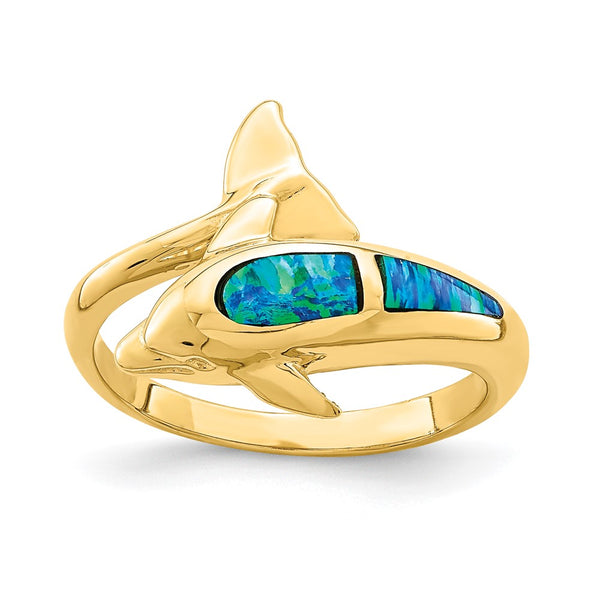 14K Gold Dolphin Ring with Lab-Created Opal