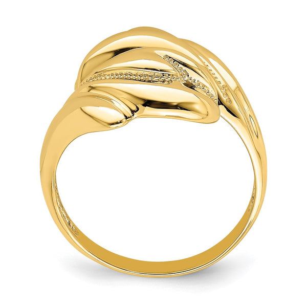 14K Gold Polished Beaded Swirl Crossover Ring