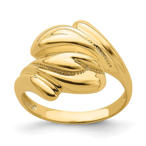 14K Gold Polished Beaded Swirl Crossover Ring